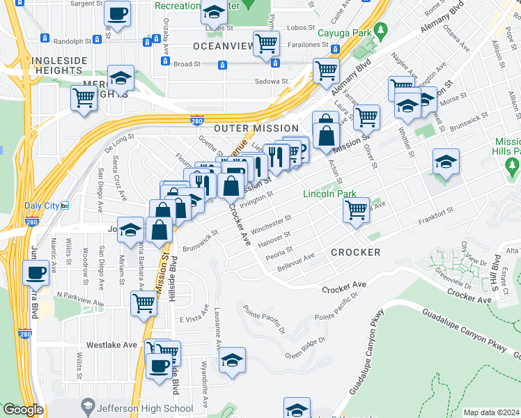 map of restaurants, bars, coffee shops, grocery stores, and more near in Daly City