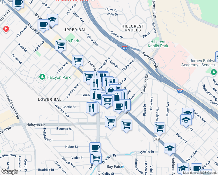 map of restaurants, bars, coffee shops, grocery stores, and more near 15016 East 14th Street in San Leandro
