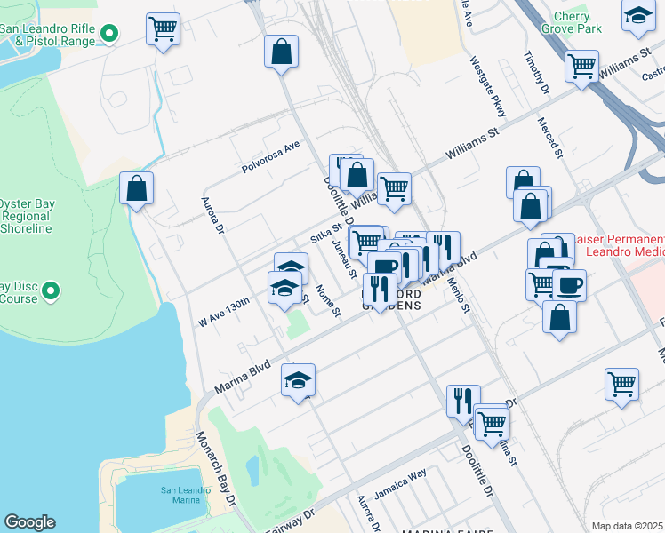 map of restaurants, bars, coffee shops, grocery stores, and more near 2090 Fairbanks Street in San Leandro