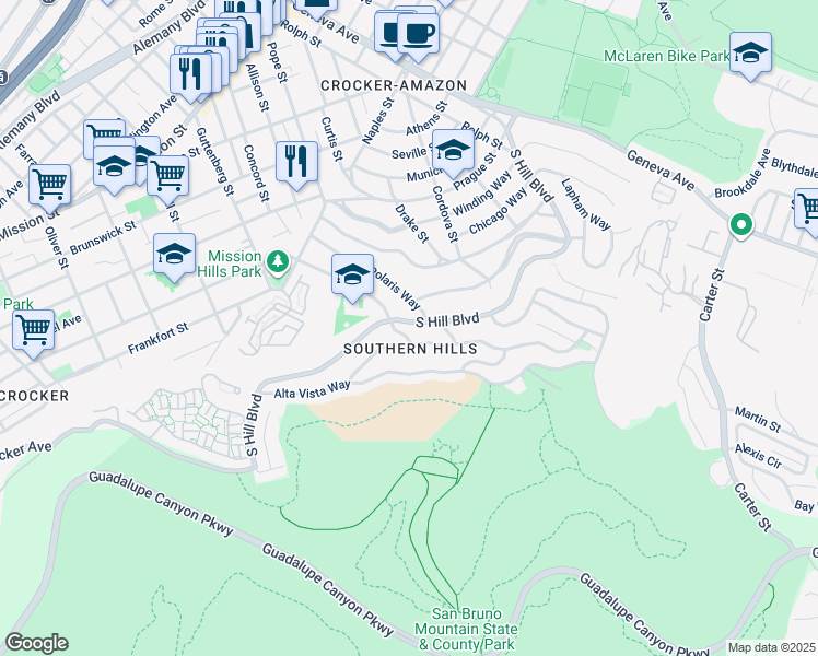 map of restaurants, bars, coffee shops, grocery stores, and more near 298 Ardendale Drive in Daly City