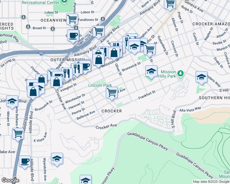 map of restaurants, bars, coffee shops, grocery stores, and more near in Daly City