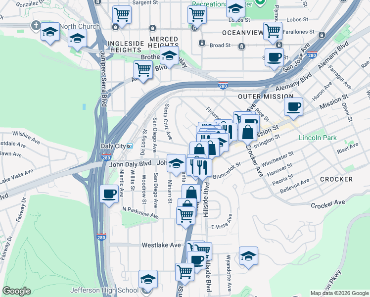 map of restaurants, bars, coffee shops, grocery stores, and more near 100 Los Banos Avenue in Daly City