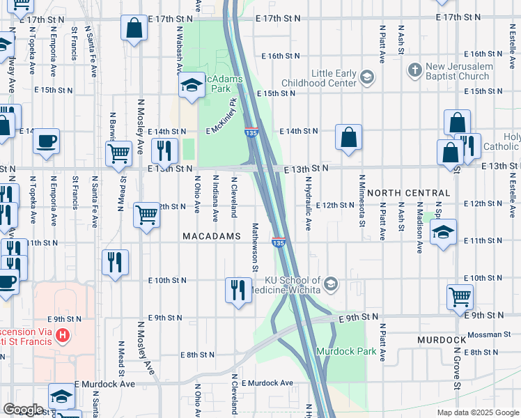 map of restaurants, bars, coffee shops, grocery stores, and more near 1236 Mathewson Street in Wichita