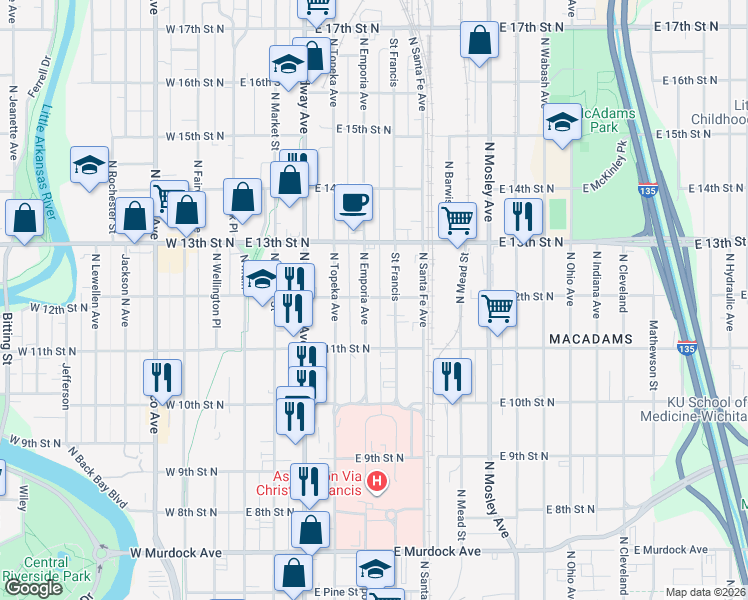 map of restaurants, bars, coffee shops, grocery stores, and more near 1237 North Saint Francis Street in Wichita