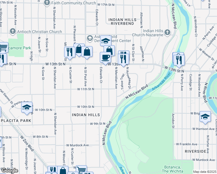 map of restaurants, bars, coffee shops, grocery stores, and more near 1162 Richmond Street in Wichita