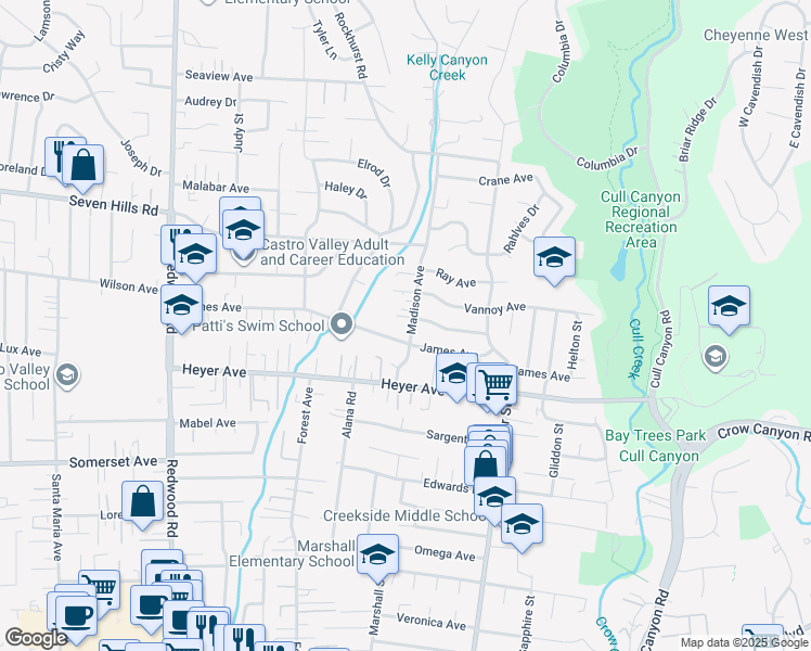 map of restaurants, bars, coffee shops, grocery stores, and more near 19085 Madison Avenue in Castro Valley