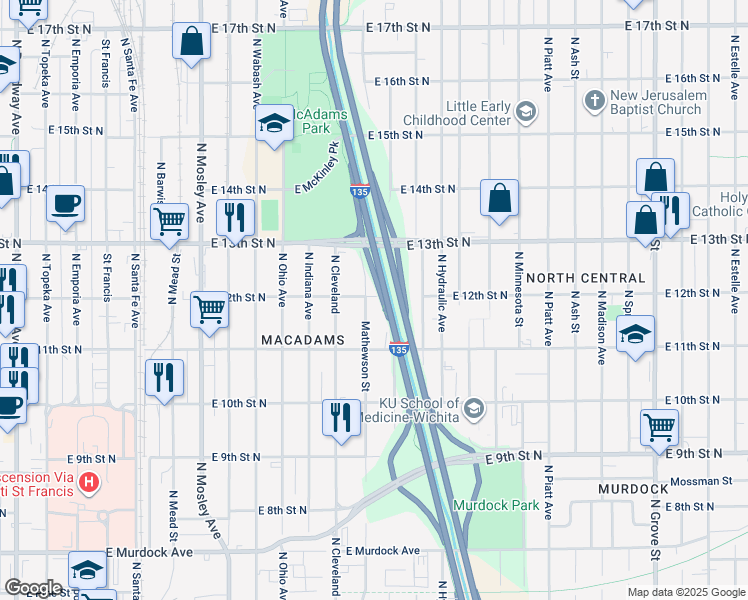 map of restaurants, bars, coffee shops, grocery stores, and more near 1268 Mathewson Street in Wichita