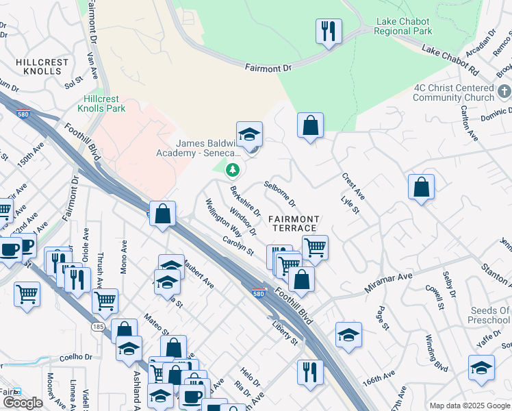 map of restaurants, bars, coffee shops, grocery stores, and more near 16048 Windsor Drive in San Leandro