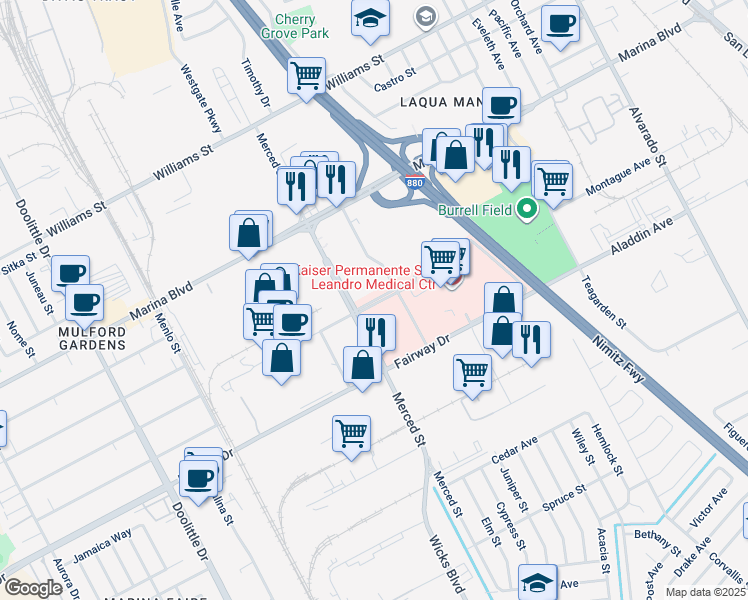 map of restaurants, bars, coffee shops, grocery stores, and more near 2550 Merced St in San Leandro