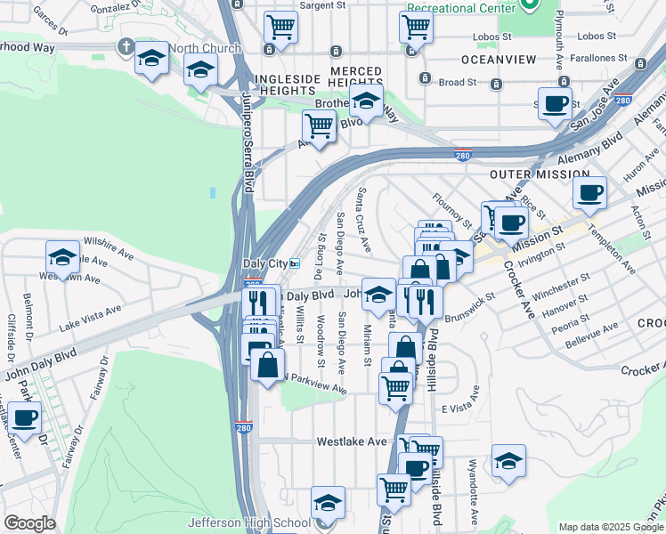 map of restaurants, bars, coffee shops, grocery stores, and more near 210 Los Olivos Avenue in Daly City