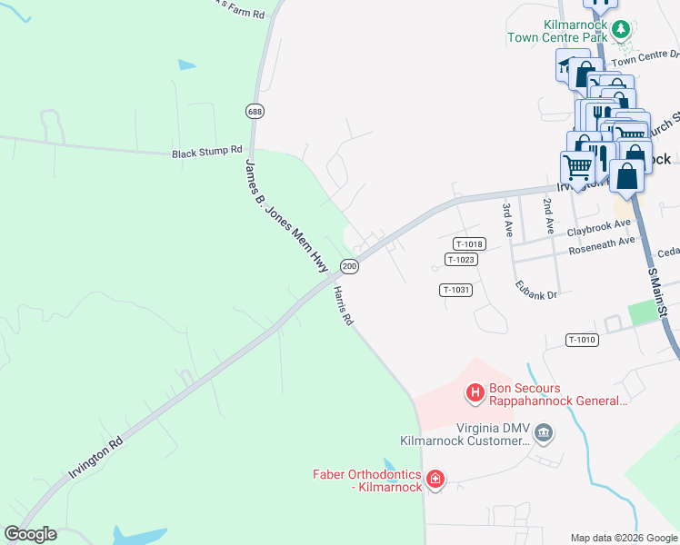 map of restaurants, bars, coffee shops, grocery stores, and more near 1032-1040 Harris Road in Kilmarnock