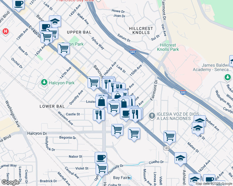 map of restaurants, bars, coffee shops, grocery stores, and more near 1426 150th Avenue in San Leandro