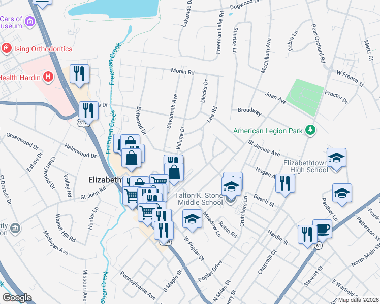 map of restaurants, bars, coffee shops, grocery stores, and more near 405 Cs-1065 in Elizabethtown