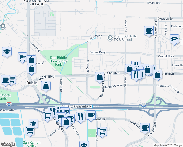 map of restaurants, bars, coffee shops, grocery stores, and more near 5501 Elan Way in Dublin
