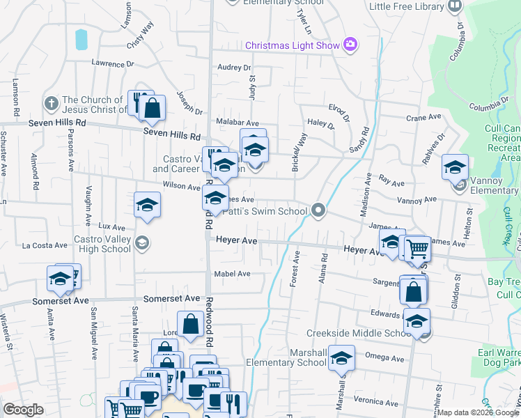 map of restaurants, bars, coffee shops, grocery stores, and more near 19298 Holland Place in Castro Valley