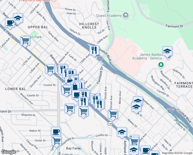 map of restaurants, bars, coffee shops, grocery stores, and more near in San Leandro