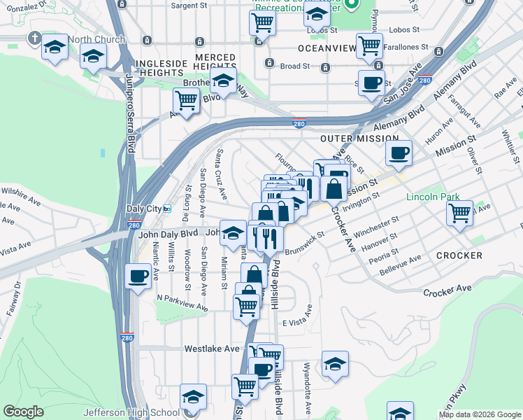 map of restaurants, bars, coffee shops, grocery stores, and more near in Daly City
