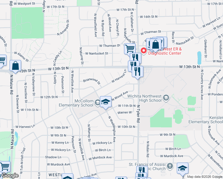 map of restaurants, bars, coffee shops, grocery stores, and more near 1231 North Wood Avenue in Wichita