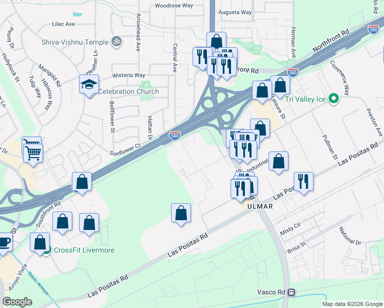 map of restaurants, bars, coffee shops, grocery stores, and more near 432 Franklin Lane in Livermore