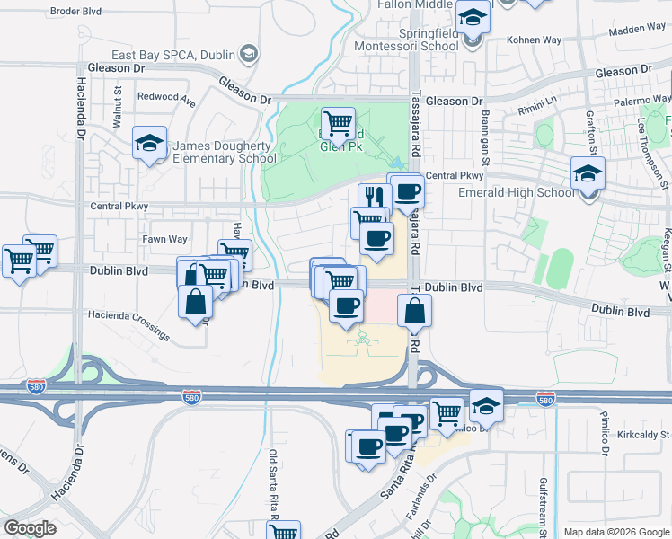 map of restaurants, bars, coffee shops, grocery stores, and more near 4288 Dublin Boulevard in Dublin