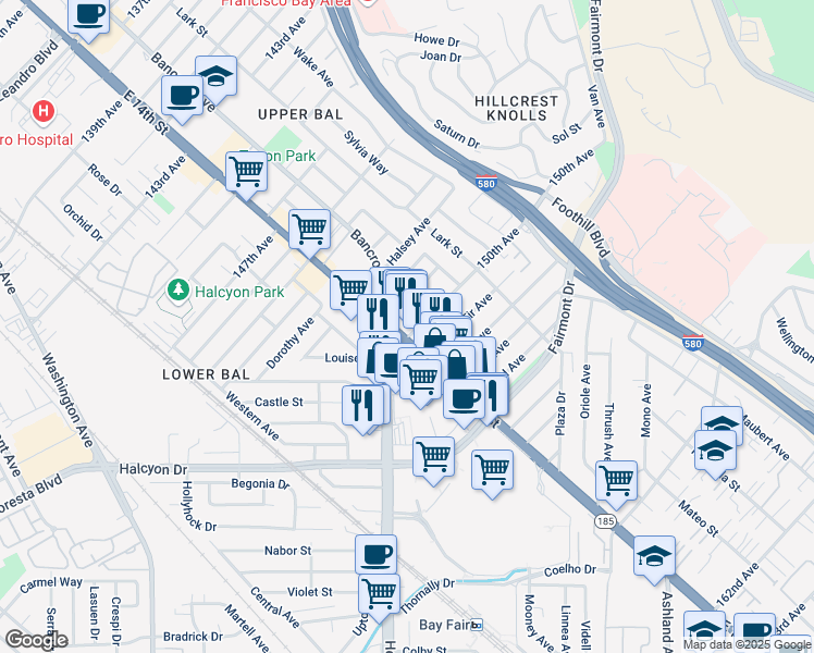 map of restaurants, bars, coffee shops, grocery stores, and more near in San Leandro