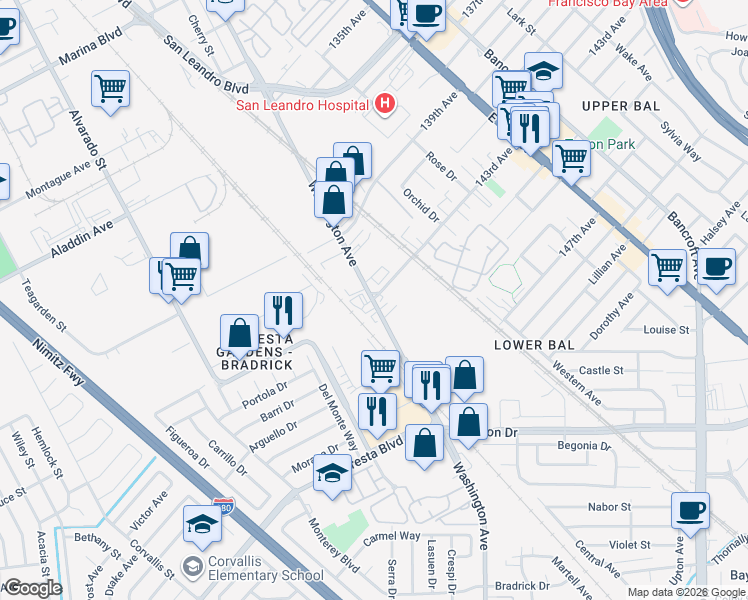 map of restaurants, bars, coffee shops, grocery stores, and more near 277 143rd Avenue in San Leandro