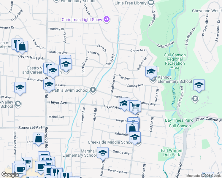 map of restaurants, bars, coffee shops, grocery stores, and more near 19079 Madison Avenue in Castro Valley