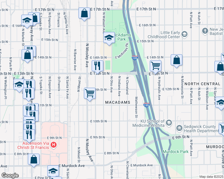 map of restaurants, bars, coffee shops, grocery stores, and more near 1205 East 12th Street North in Wichita