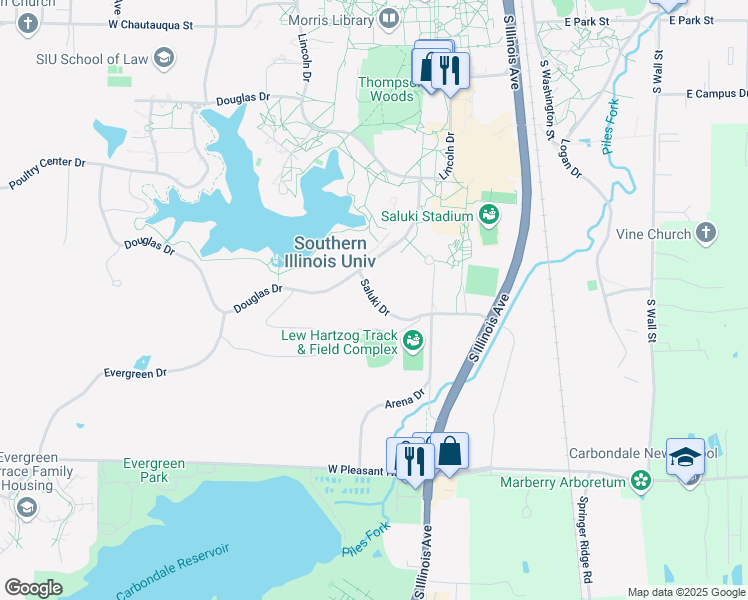 map of restaurants, bars, coffee shops, grocery stores, and more near 500 Saluki Drive in Carbondale
