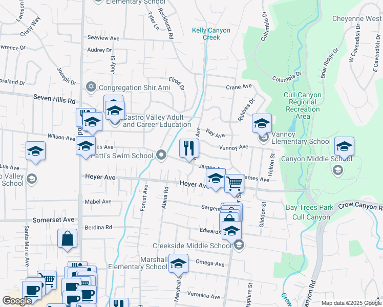 map of restaurants, bars, coffee shops, grocery stores, and more near 19079 Madison Avenue in Castro Valley