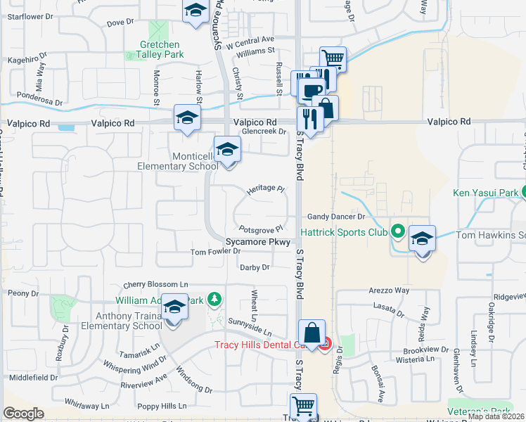 map of restaurants, bars, coffee shops, grocery stores, and more near 775 Cambridge Court in Tracy