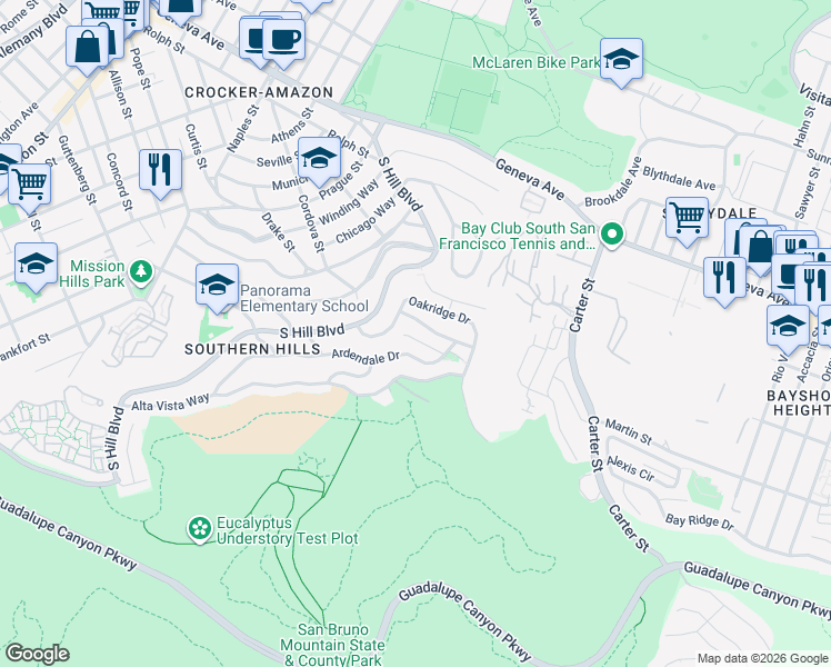 map of restaurants, bars, coffee shops, grocery stores, and more near 87 Oakridge Drive in Daly City