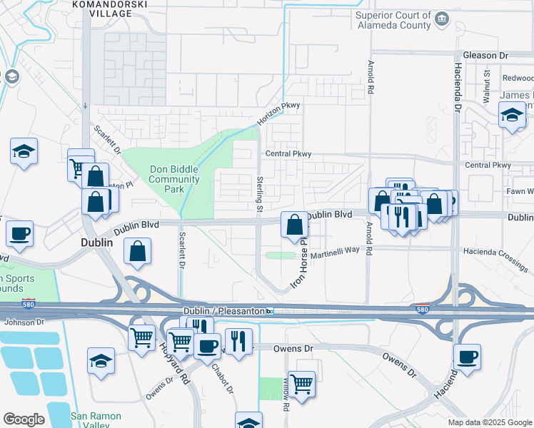 map of restaurants, bars, coffee shops, grocery stores, and more near 5655 Apex Drive in Dublin
