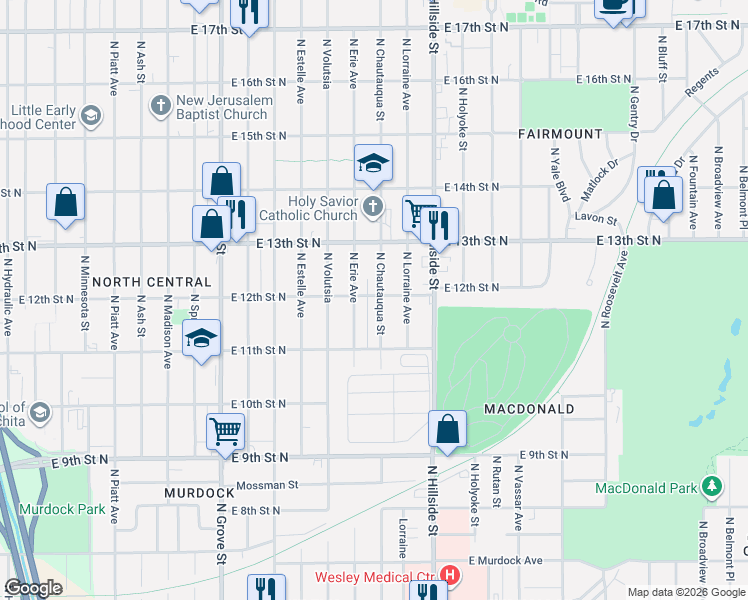 map of restaurants, bars, coffee shops, grocery stores, and more near 1326 North Erie Street in Wichita
