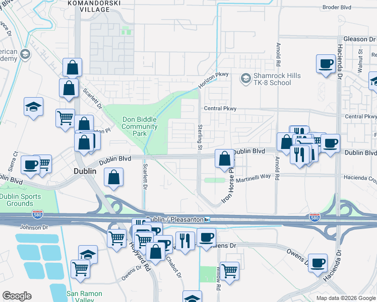 map of restaurants, bars, coffee shops, grocery stores, and more near 5793 El Dorado Lane in Dublin