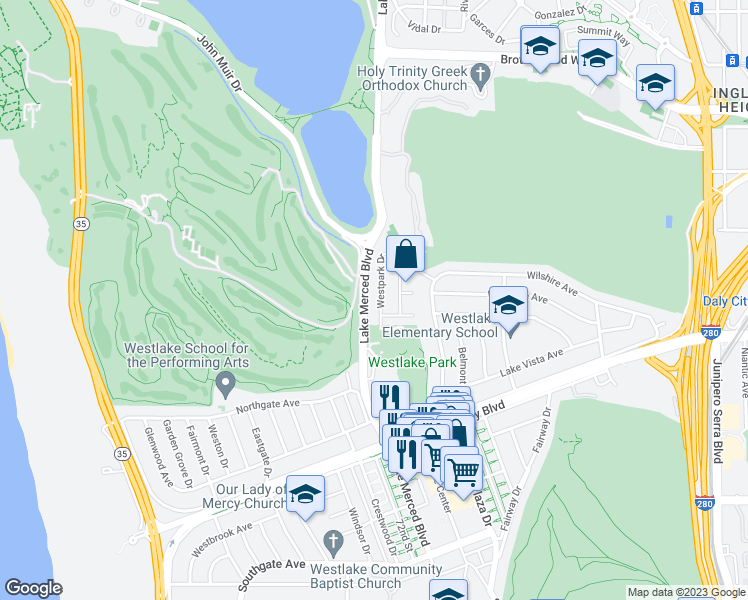 map of restaurants, bars, coffee shops, grocery stores, and more near 74 Westpark Drive in Daly City
