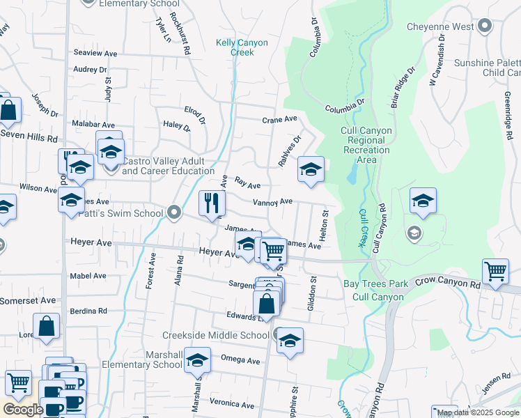 map of restaurants, bars, coffee shops, grocery stores, and more near 4956 Vannoy Avenue in Castro Valley