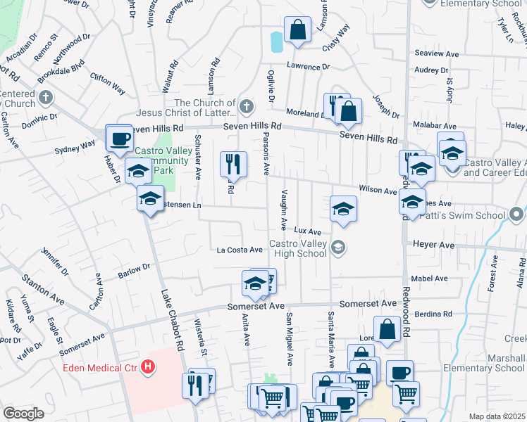 map of restaurants, bars, coffee shops, grocery stores, and more near 19157 Parsons Avenue in Castro Valley