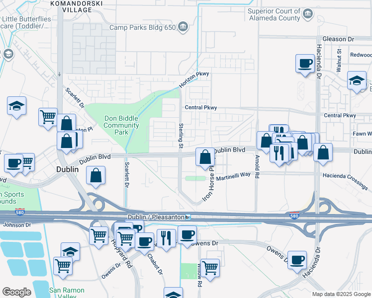 map of restaurants, bars, coffee shops, grocery stores, and more near 5703 El Dorado Lane in Dublin