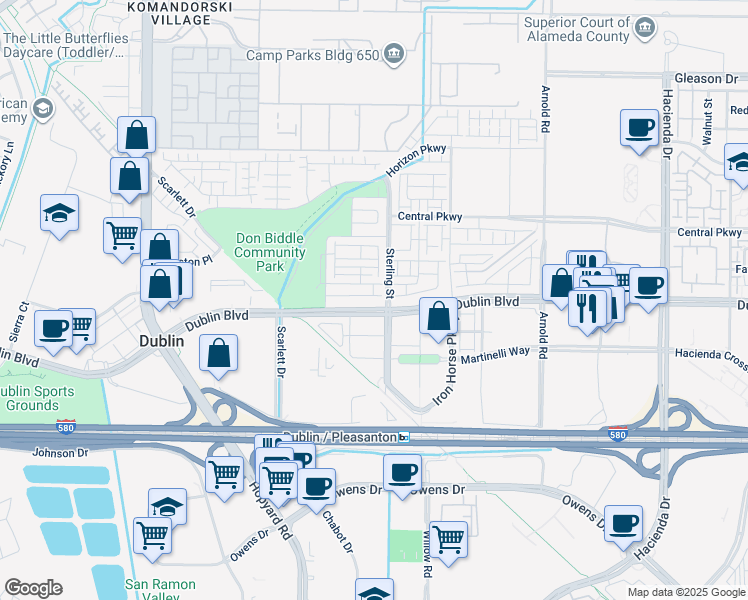 map of restaurants, bars, coffee shops, grocery stores, and more near 5793 El Dorado Lane in Dublin