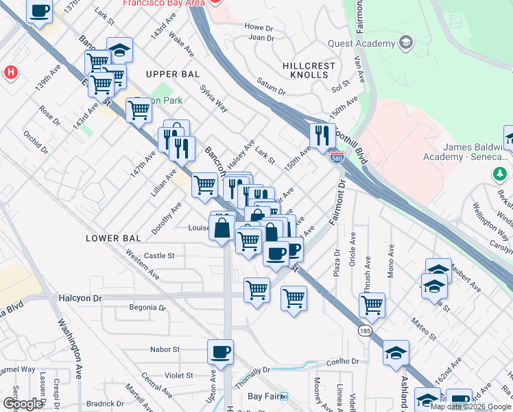 map of restaurants, bars, coffee shops, grocery stores, and more near 1483 150th Avenue in San Leandro