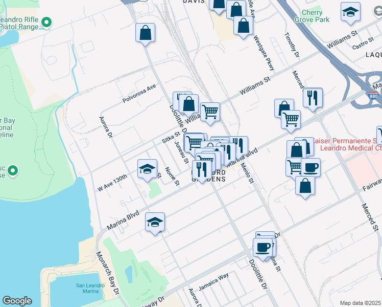 map of restaurants, bars, coffee shops, grocery stores, and more near 1924 Doolittle Drive in San Leandro