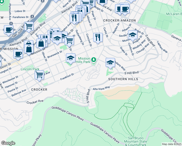 map of restaurants, bars, coffee shops, grocery stores, and more near 17 Frankfort Street in Daly City