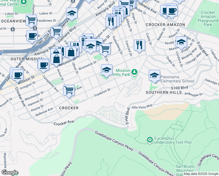 map of restaurants, bars, coffee shops, grocery stores, and more near 238 Bellevue Avenue in Daly City