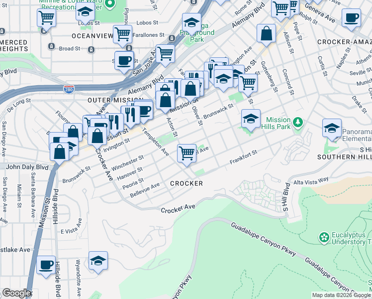 map of restaurants, bars, coffee shops, grocery stores, and more near in Daly City
