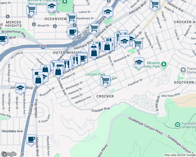 map of restaurants, bars, coffee shops, grocery stores, and more near 901 Brunswick Street in Daly City