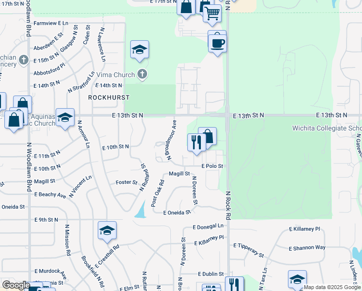 map of restaurants, bars, coffee shops, grocery stores, and more near 1286 North Broadmoor Avenue in Wichita