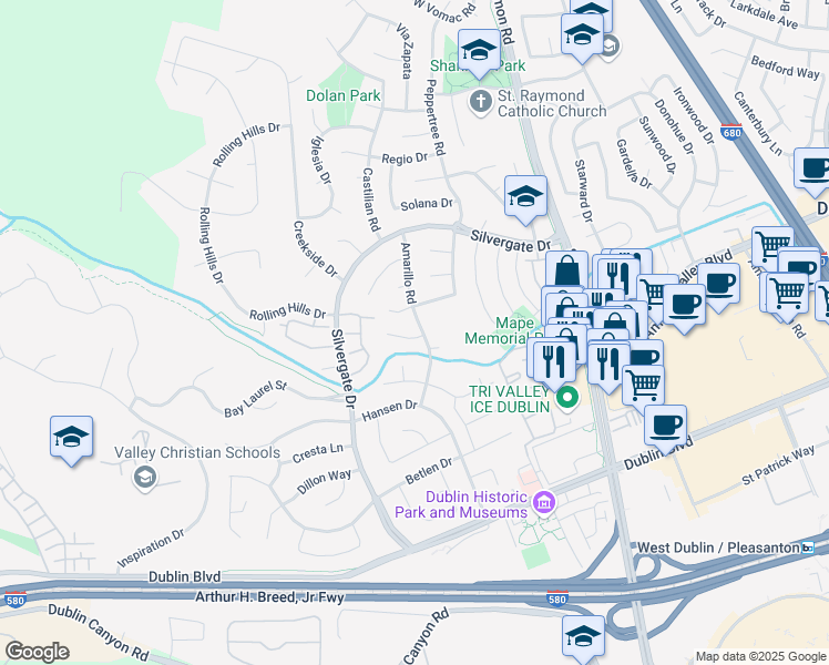 map of restaurants, bars, coffee shops, grocery stores, and more near 7506 Amarillo Road in Dublin