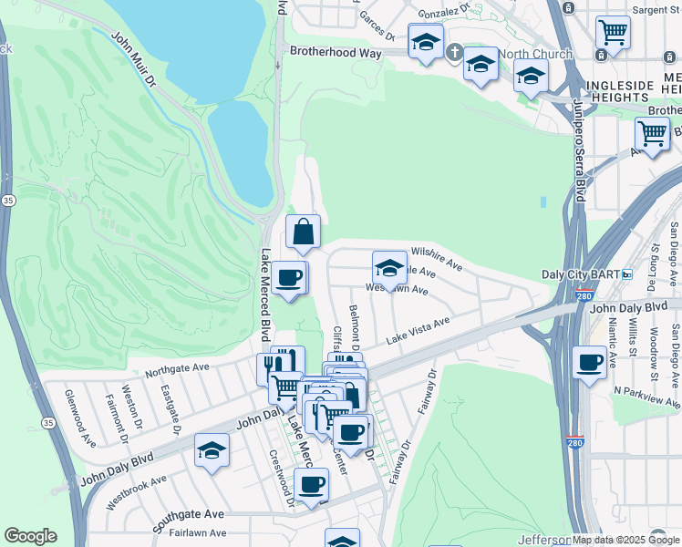 map of restaurants, bars, coffee shops, grocery stores, and more near 177 Westdale Avenue in Daly City