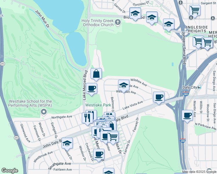 map of restaurants, bars, coffee shops, grocery stores, and more near 177 Westdale Avenue in Daly City